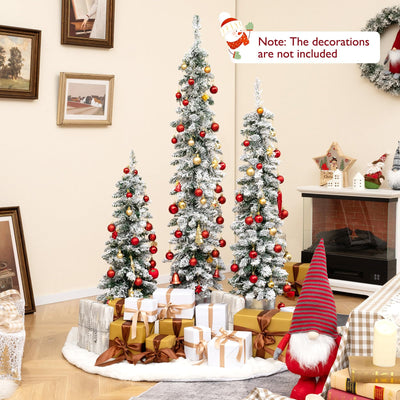 Lucktree 3' 4' 5' Pre-Lit Snow Flocked Christmas Tree Set of 3, Slim Pencil Artificial Potted Xmas Trees with 423 Branch Tips