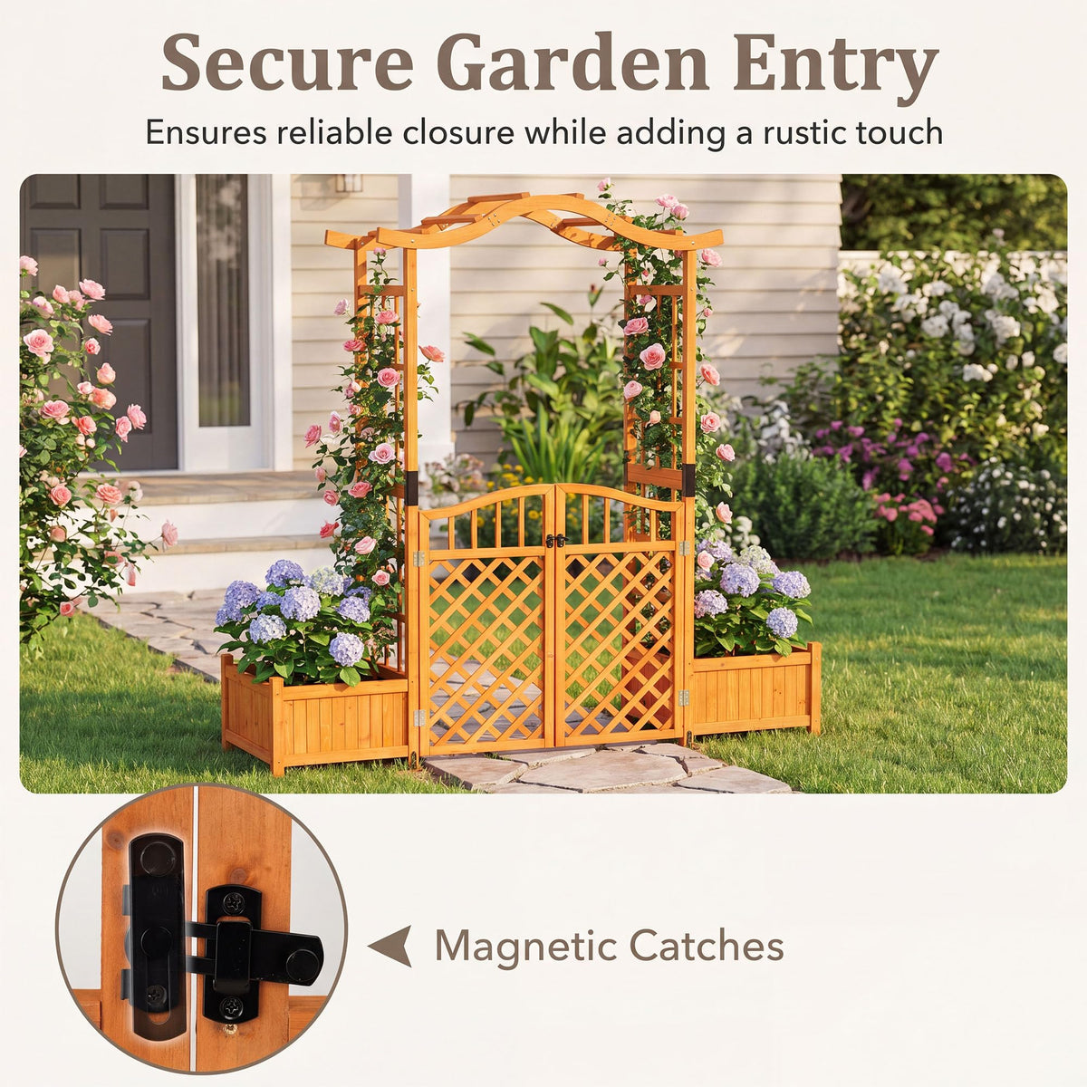 Lucktree 83" Wooden Garden Arbor with Gate and 2 Planter Boxes