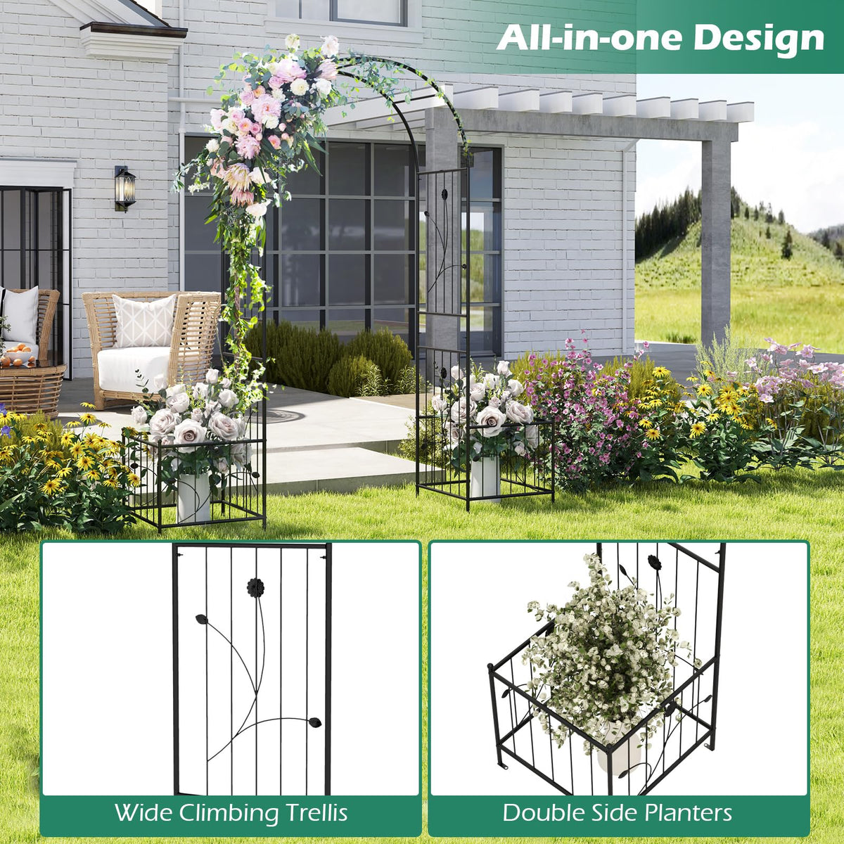Lucktree Garden Arch Trellis with Planters, 86'' Metal Arbor Pergola for Climbing Plants Rose Clematis Vines
