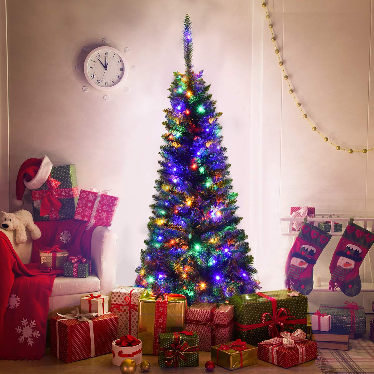 Lucktree 4.5FT / 6.5FT / 7.5FT Prelit Pencil Christmas Tree, Premium Hinged Fir Tree - LucktreeUS