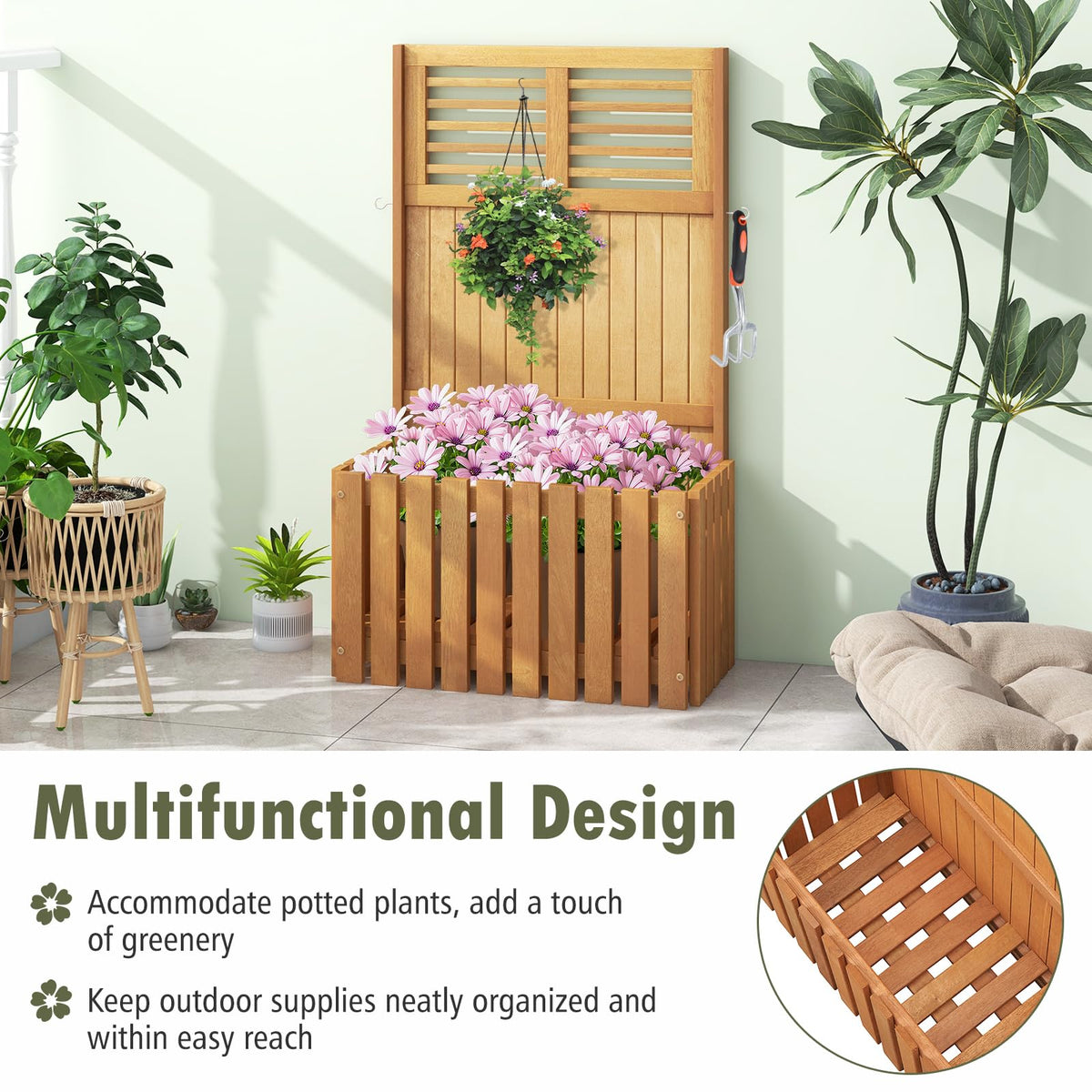 Lucktree Set of 1/2 Raised Garden Bed with Trellis, 41” Wooden Potted Plant Box w/Privacy Screen