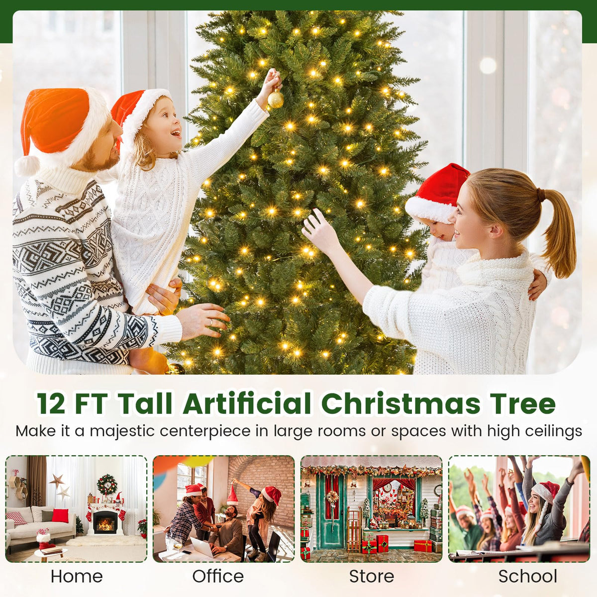 Lucktree 12ft Pre-Lit Artificial Christmas Tree with 360° Quick Power Connector