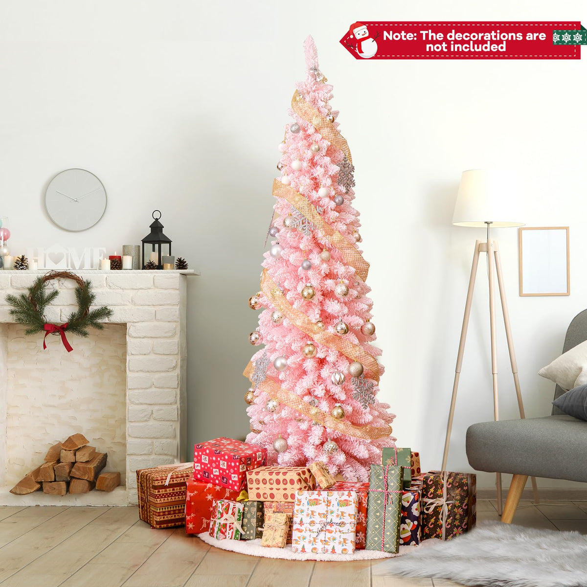 Lucktree 6ft Pink Slim Pencil Christmas Tree, Artificial Unlit Skinny Xmas Full Tree with 460 Branch Tips