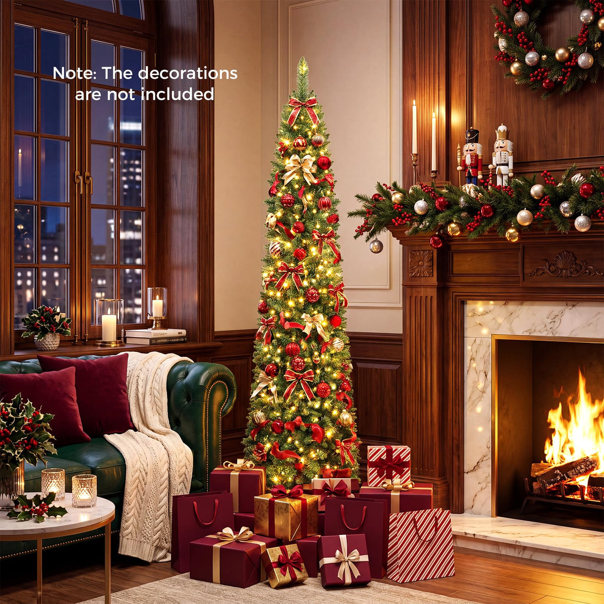 5ft/6ft/7ft/8ft/9ft/ Pre-Lit Pencil Christmas Tree, Slim Artificial Xmas Tree