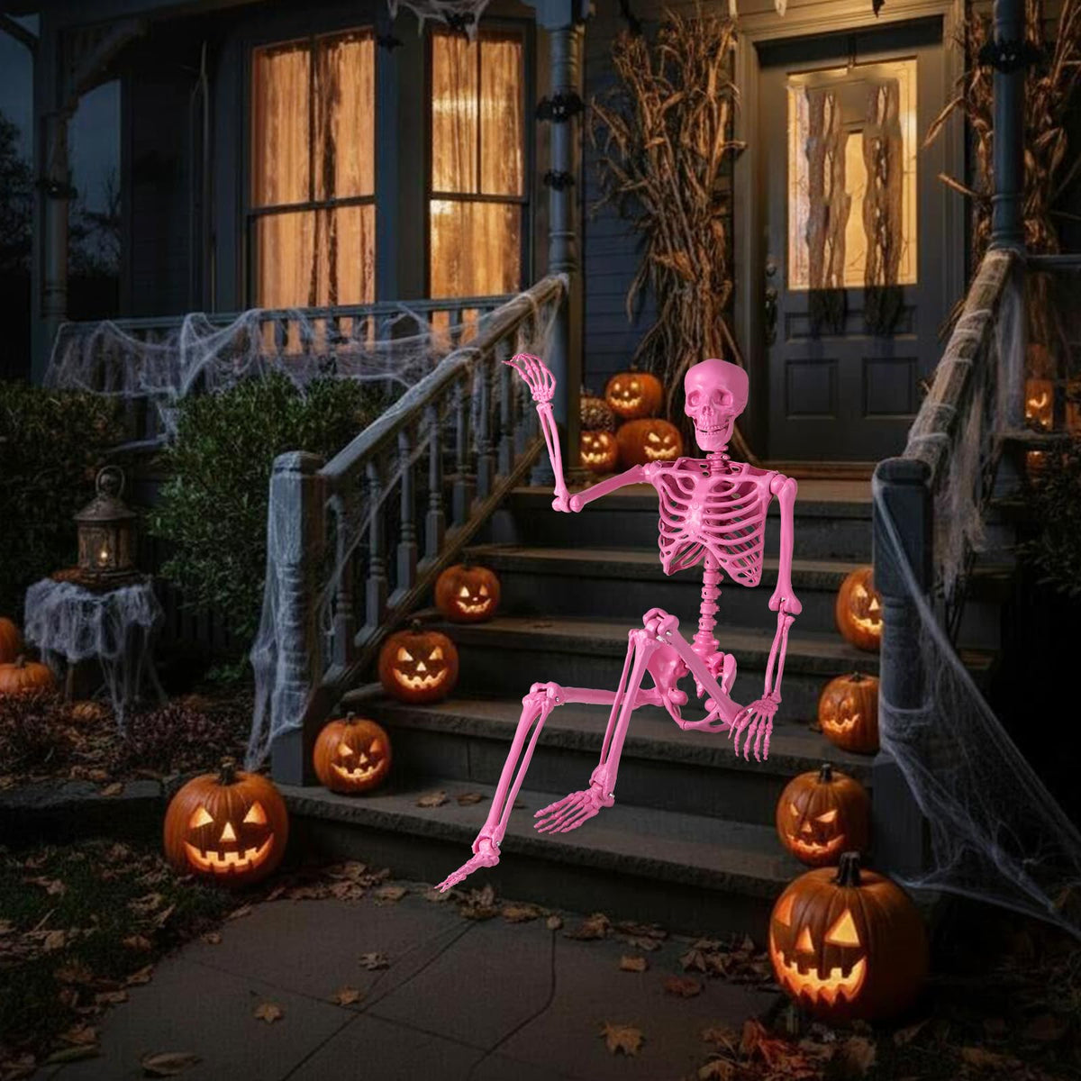 Lucktree 5.5 FT Halloween Pink Skeleton Life-Size Poseable Skeleton with Movable Joints