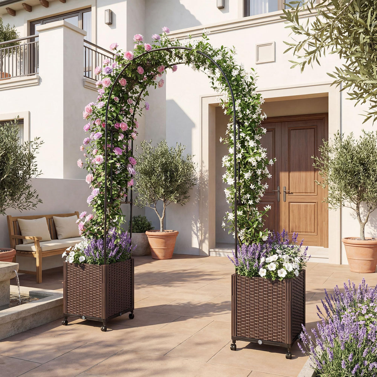 Lucktree Metal Garden Arch Trellis Arbor with 2 Self-Watering Planter Boxes