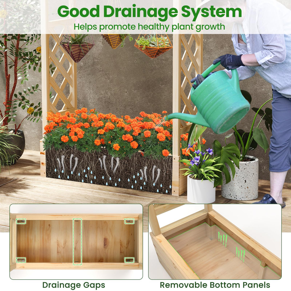 Lucktree Raised Garden Bed with Sided Trellis & Hanging Roof, Wood Planter Box, 44”x14”x45” (L x W x H)