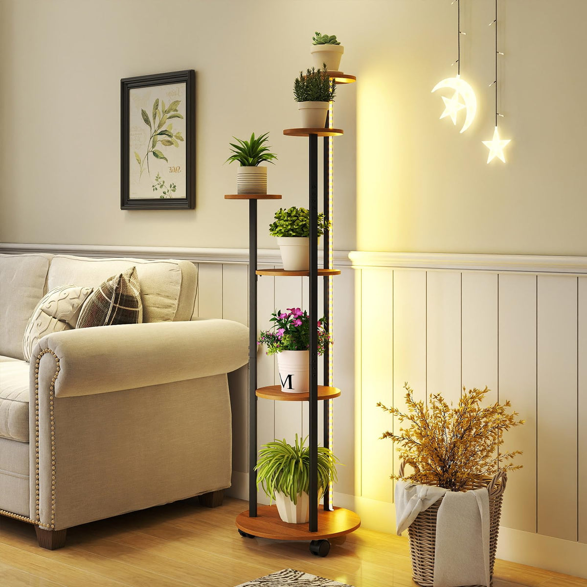 Lucktree 57'' Tall Plant Stand Indoor with Lights & Wheels