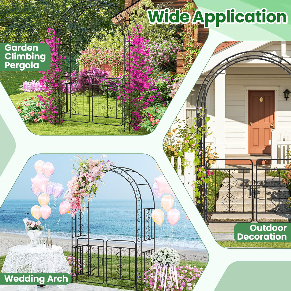 Lucktree Garden Arbor with Gate, 84" H x 54" W Metal Arch Trellis for Climbing Plants Rose Vines