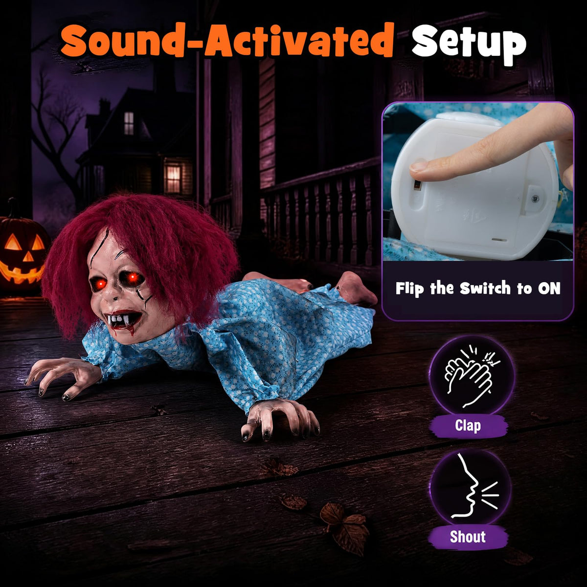 Lucktree 28" Halloween Animated Crawling Baby Doll with Glowing Eyes