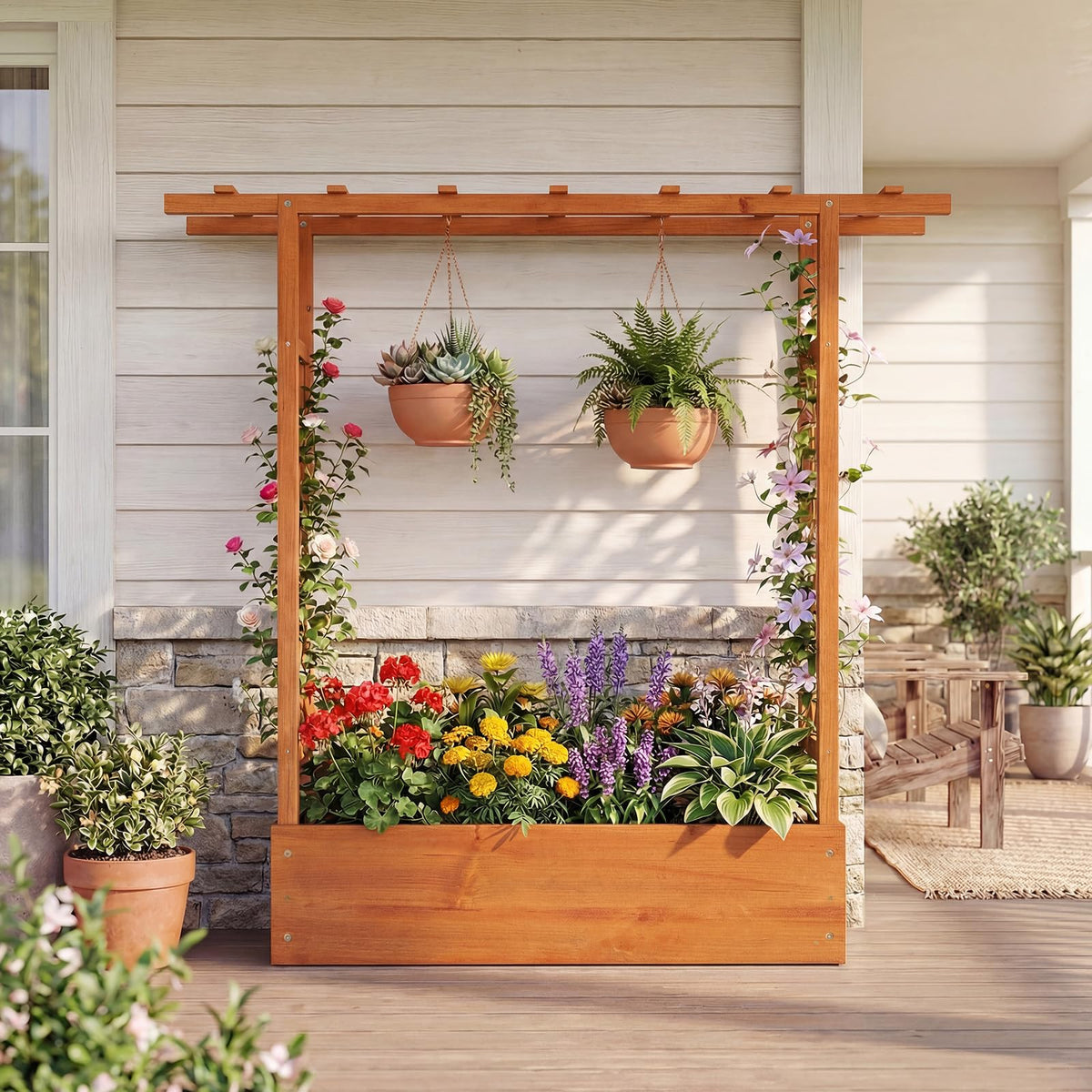 Lucktree Wooden Raised Garden Bed with Trellis & Hanging Roof