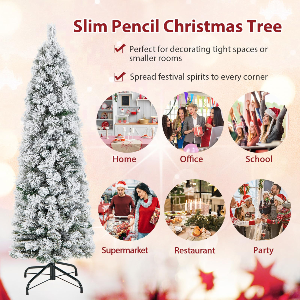 Lucktree Pre-Lit Snow Flocked Pencil Christmas Tree for Home Office Holiday Decor