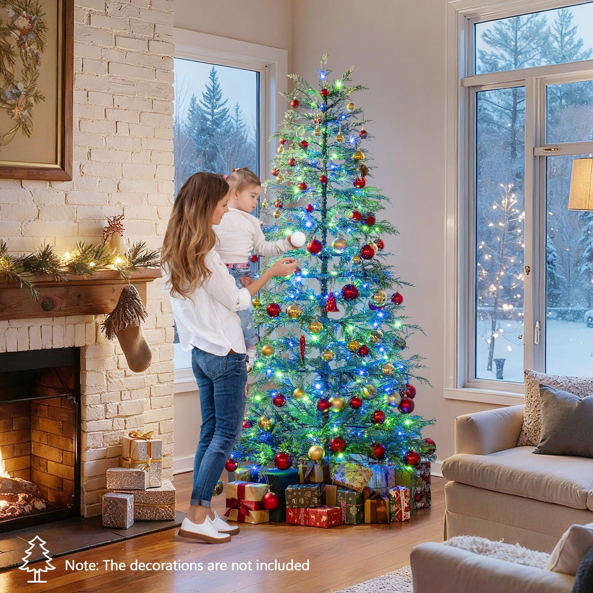 Lucktree 6.5FT / 7.5FT Pre-Lit Hinged Sparse Xmas Fir Tree with Multicolored LED Lights