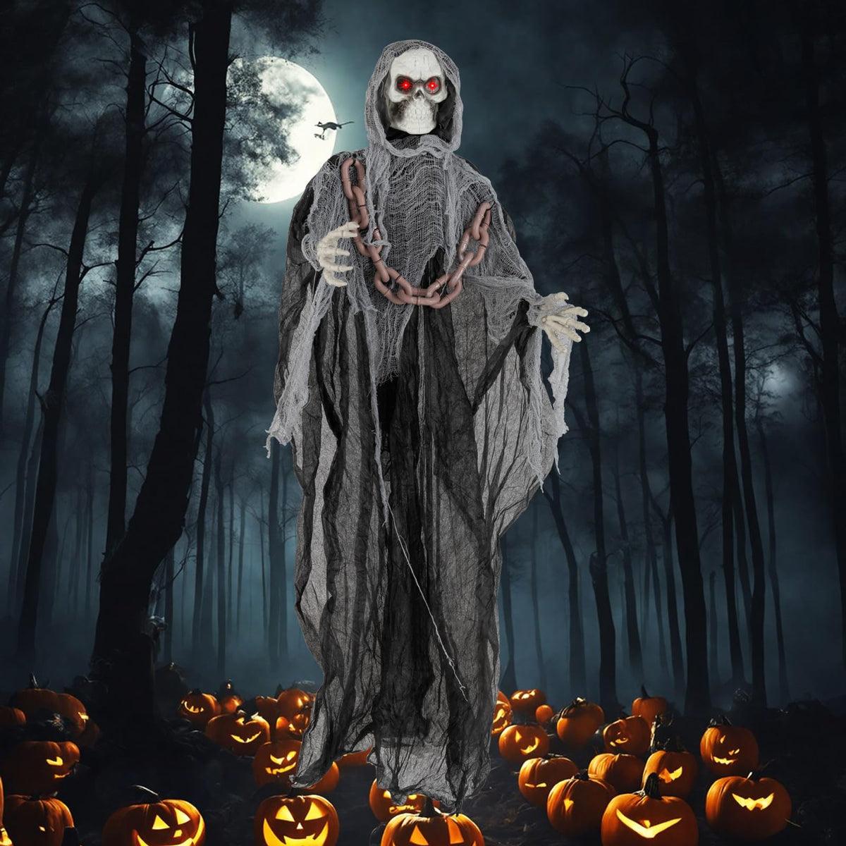 Lucktree 6.4 FT Halloween Animatronic Standing Grim Reaper, Halloween Decoration with Chain