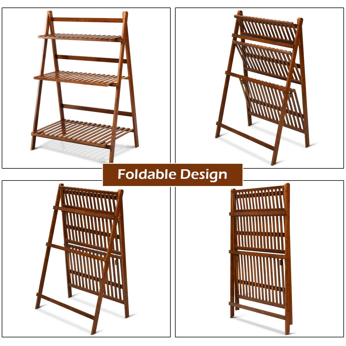 Lucktree 3 Tier Folding Storage Shelf, Bamboo Ladder Plant Stand