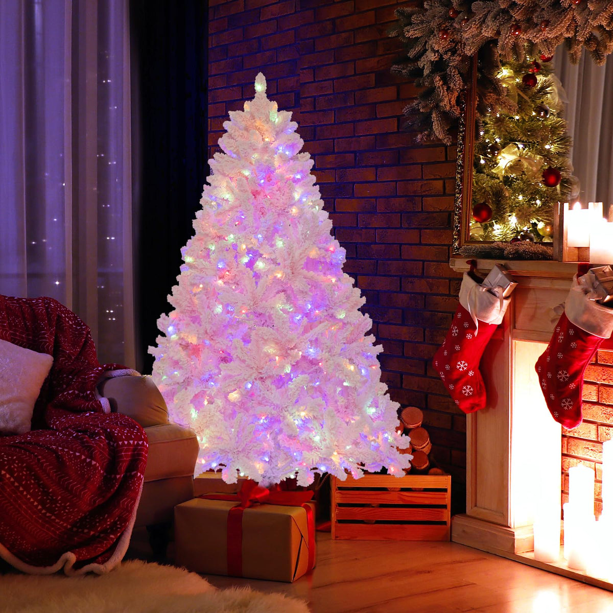 Lucktree 6FT Pink Pre-lit Christmas Tree, Hinged Snow Flocked Artificial Xmas Tree, Seasonal Holiday Decoration for Office Home