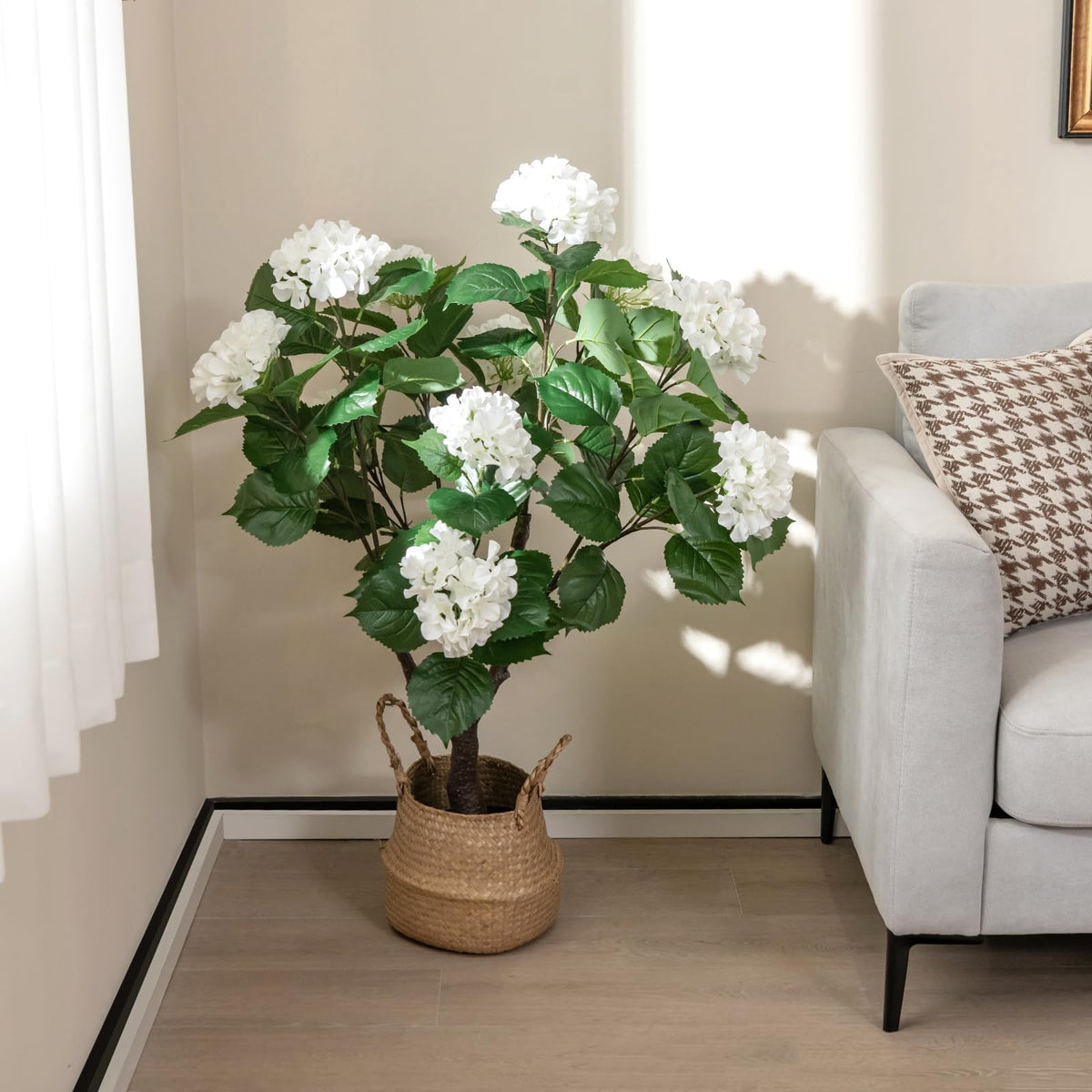 Lucktree Artificial Hydrangea Tree, 2 Pack Fake Floral Plant w/11 White Flowers & Realistic Trunk in Plastic Nursery Pot