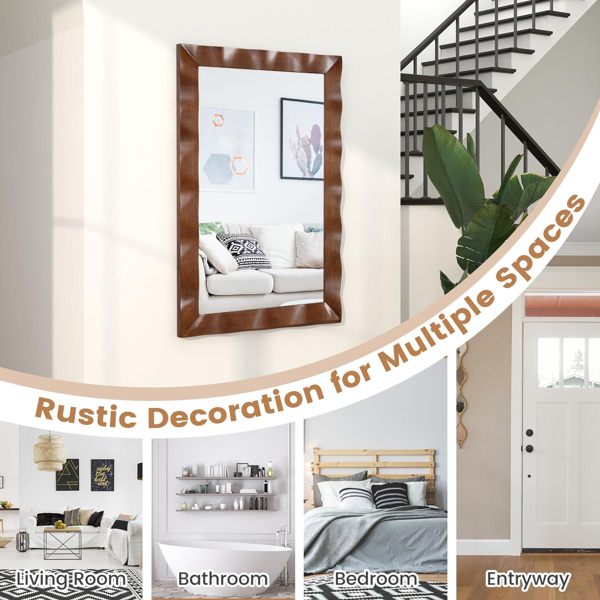 Lucktree 41.5" x 28" Farmhouse Wall Mirror, Rubber Wood Rustic Style Wall Mirror