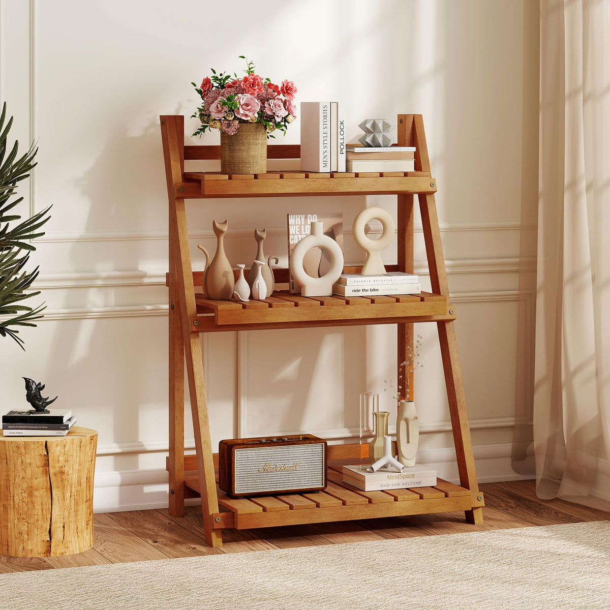 Lucktree Foldable Ladder Plant Shelf 3-Tier Solid Wood Indoor Outdoor Flower Pot Display Rack