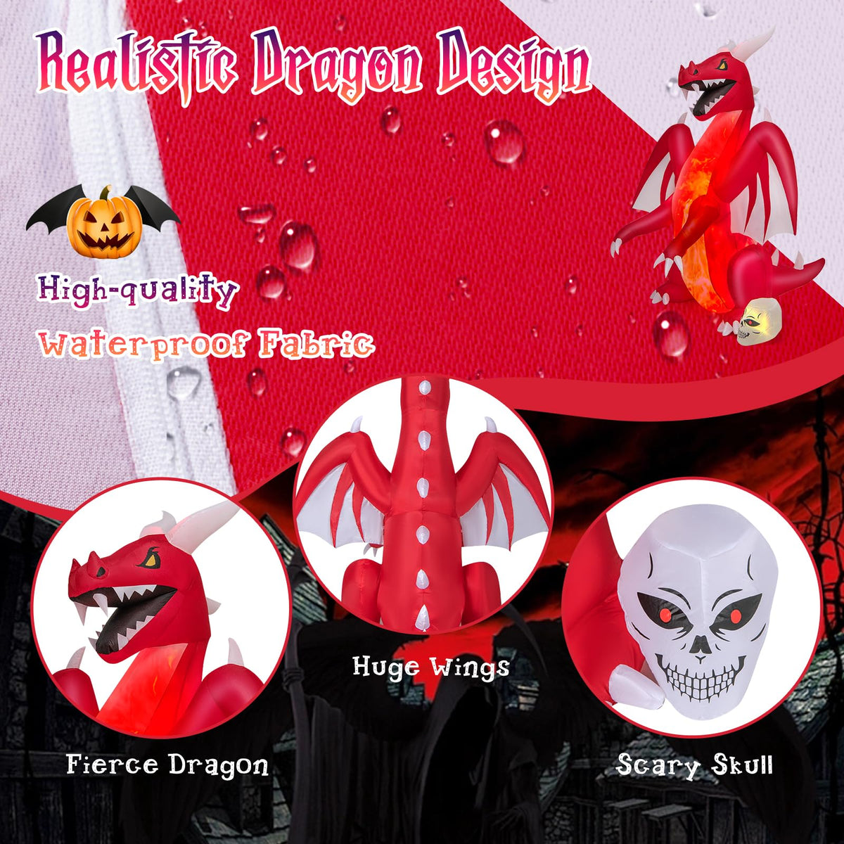 Lucktree 8 FT Halloween Inflatable Fire Dragon, Blow-up Red Dragon