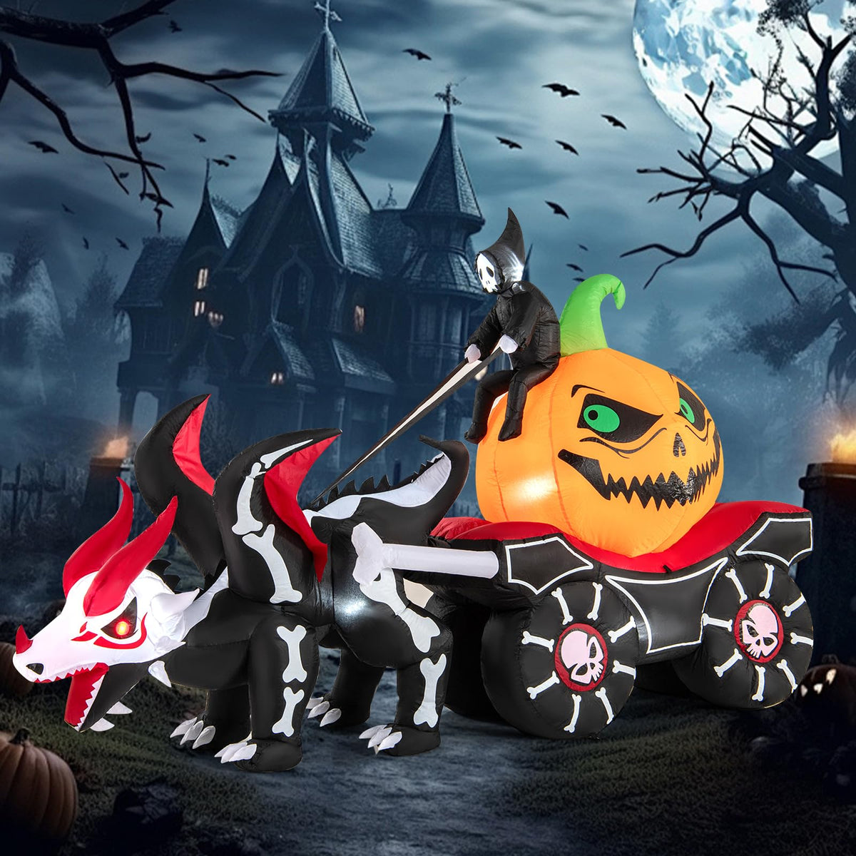 Lucktree 9 FT Halloween Inflatable Outdoor Decoration, Blow up Grim Reaper Driving Pumpkin Carriage