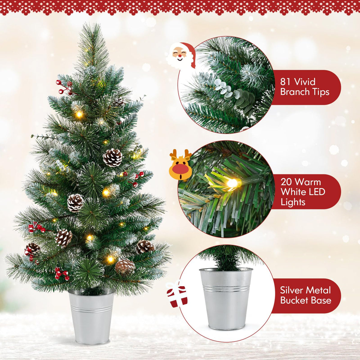 Lucktree 3ft Pre-Lit Mini Tabletop Christmas Tree with 20 Warm White LED Lights, 8 Modes, Timer, 81 PVC & Pine Needles