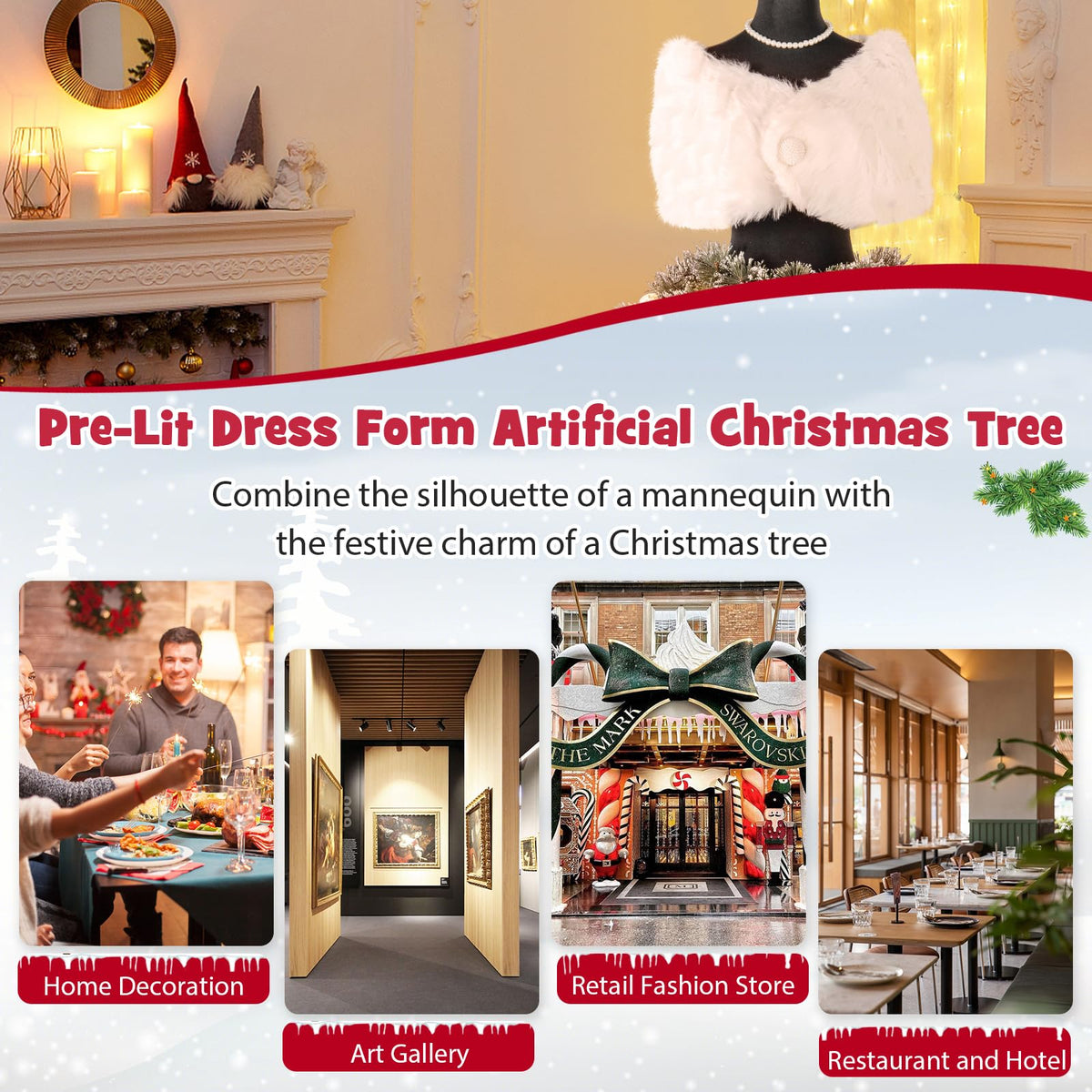 Lucktree 5ft Pre-Lit Dress Form Christmas Tree with Female Mannequin Torso Shawl Necklace