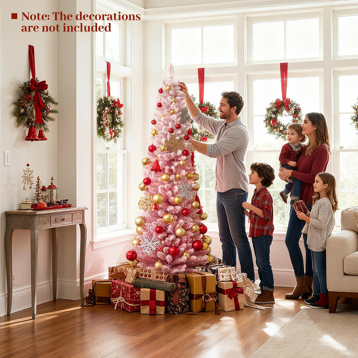 Lucktree 6ft / 7ft Pink Slim Pencil Christmas Tree | Pre-lit Snow Flocked Artificial Skinny Xmas Tree