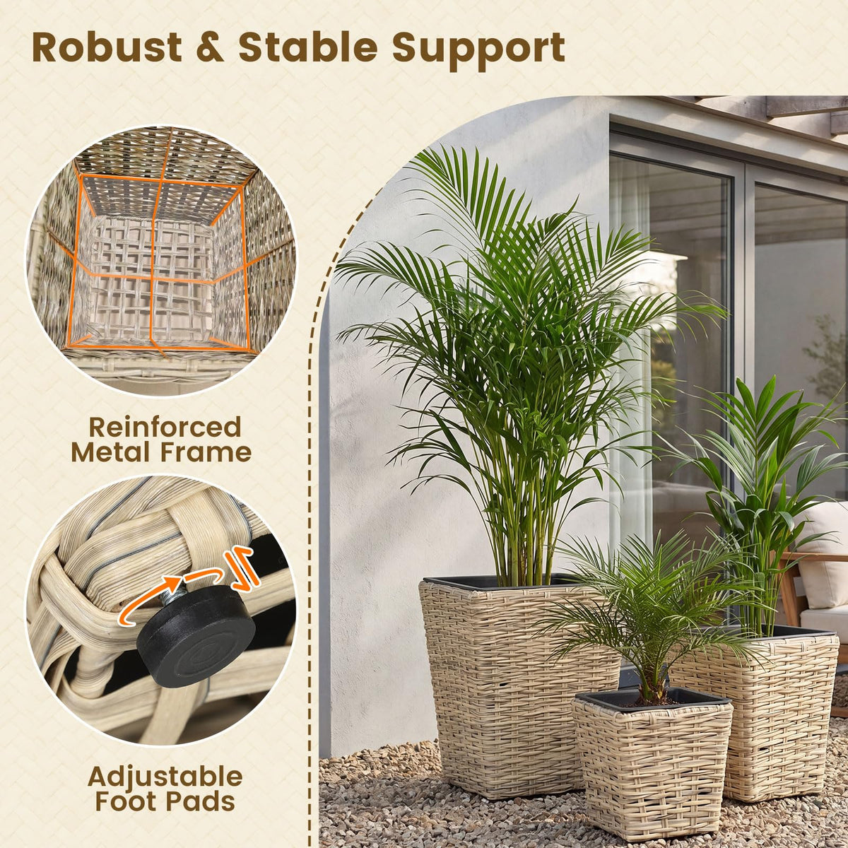 Lucktree 3-Piece Rattan Planter Box Kit with Removable Plastic Liners