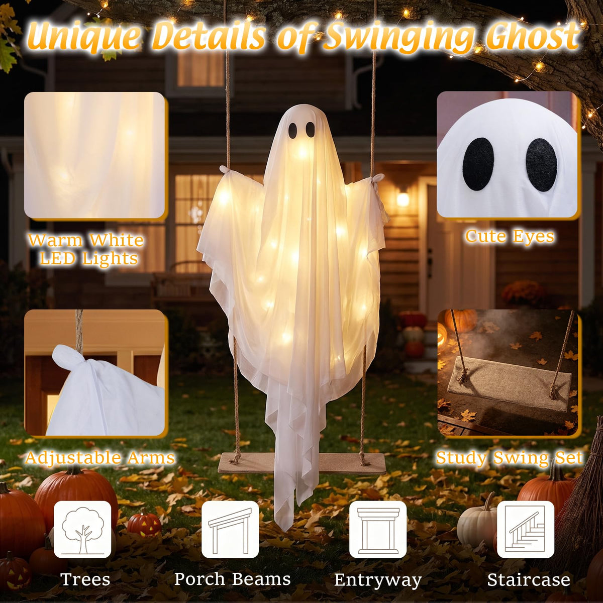 5 FT Halloween Hanging Swing Ghost Decoration with LED Lights