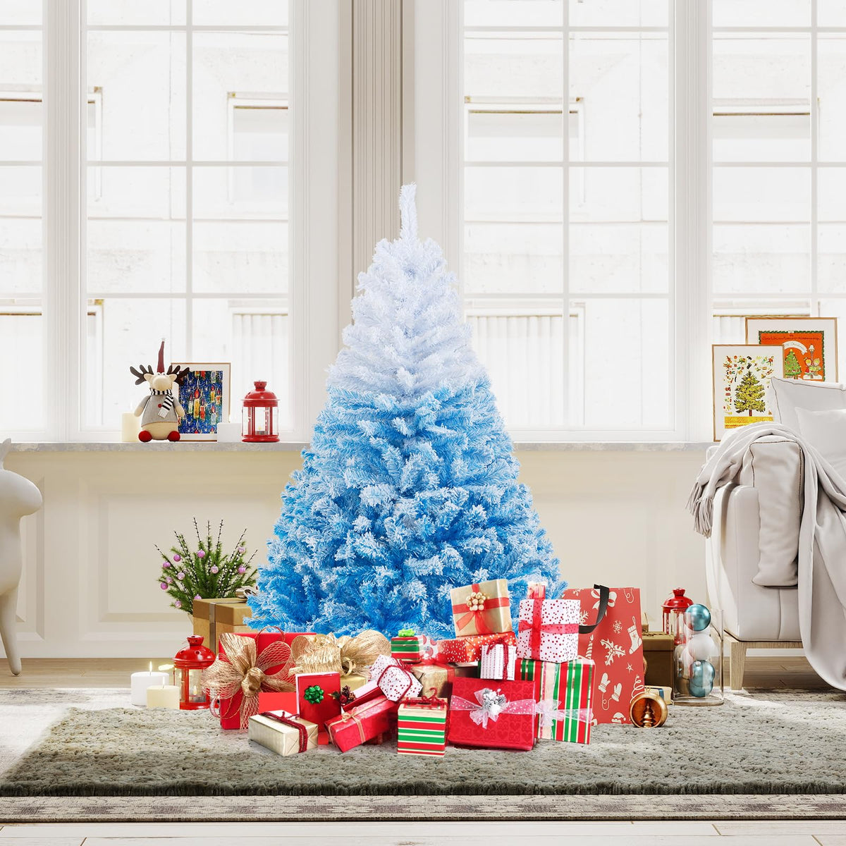 Lucktree Snow Flocked Christmas Tree with Lush Branch Tips & Foldable Metal Stan ( Blue Gradient & White )