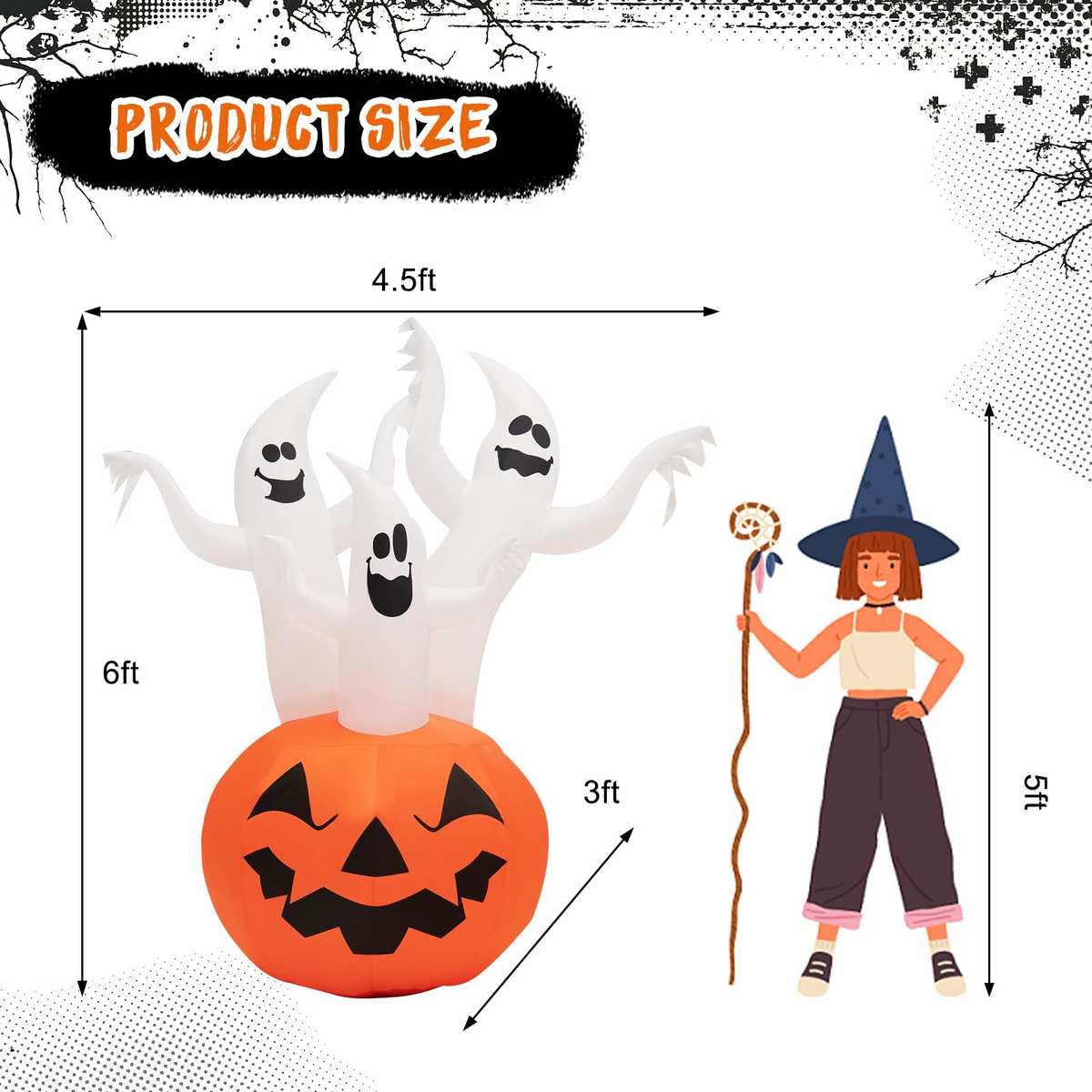 Lucktree 6 FT Inflatable Halloween 3 White Ghosts with Pumpkin, Blow-up Yard Decoration with Built-in LED Lights & Rotating Lamp