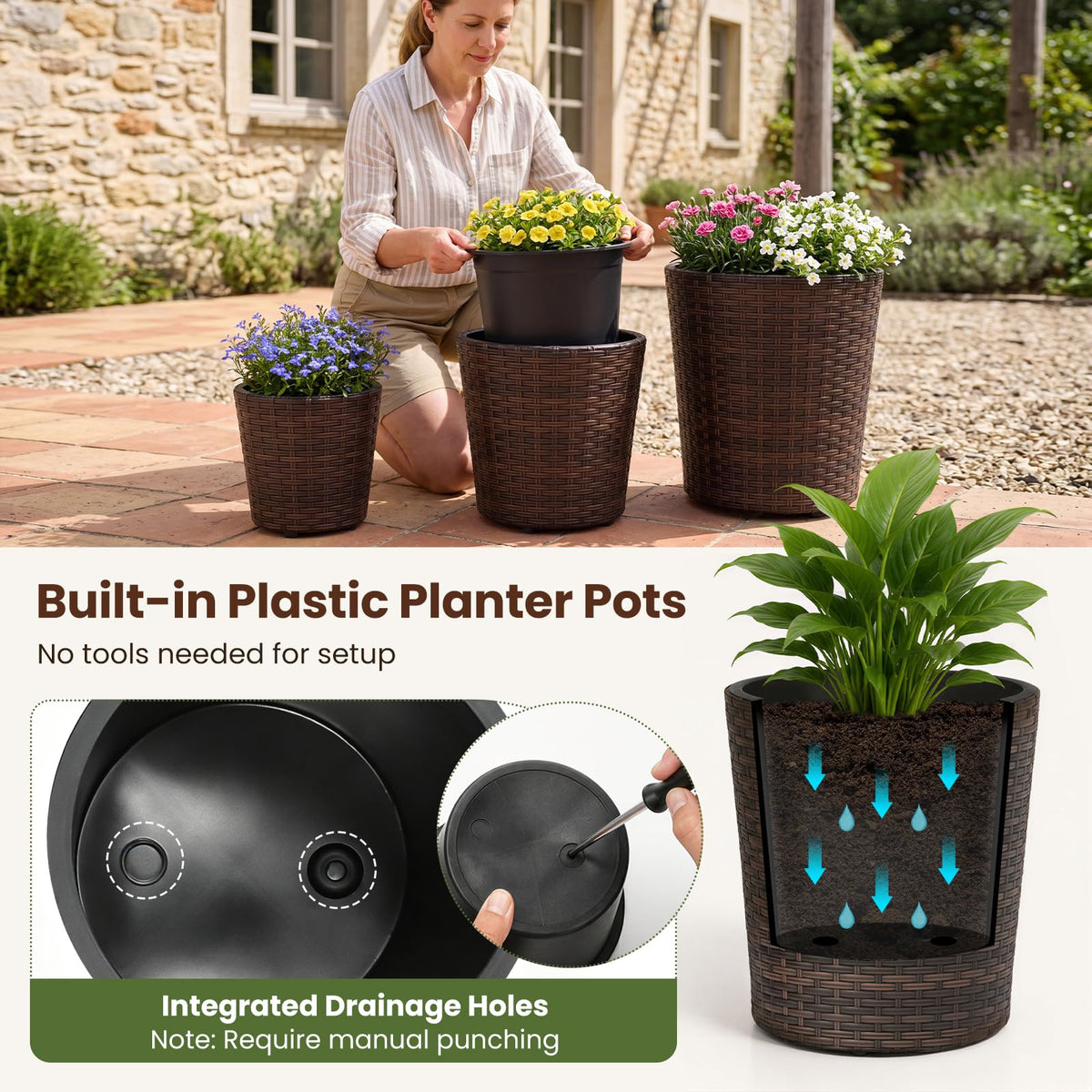 Lucktree Set of 3 Plastic Planters | 14 & 11 & 9 Inch Taper Rattan Planters with Drainage Holes and Saucers
