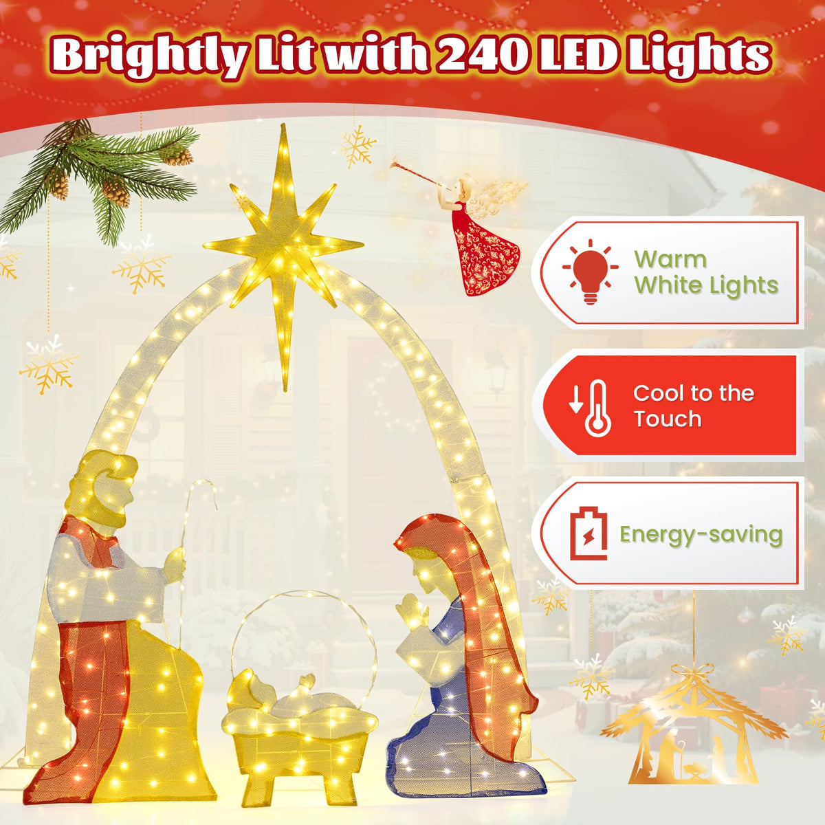Lucktree Christmas 6 Feet Lighted Nativity Scene Yard Decoratio with 240 Warm White LED Lights