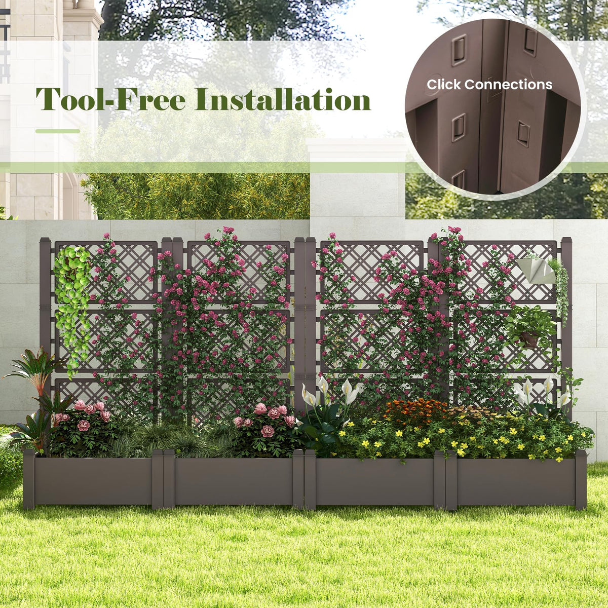 Lucktree Raised Garden Bed with Trellis 59”, Self-Watering Planter Box with Water Level Indicator & Removable Space Dividers