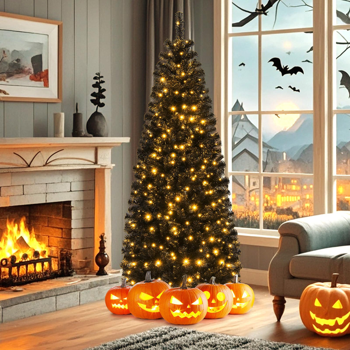Lucktree Black Pencil Christmas Tree, Pre-lit Artificial Halloween Tree