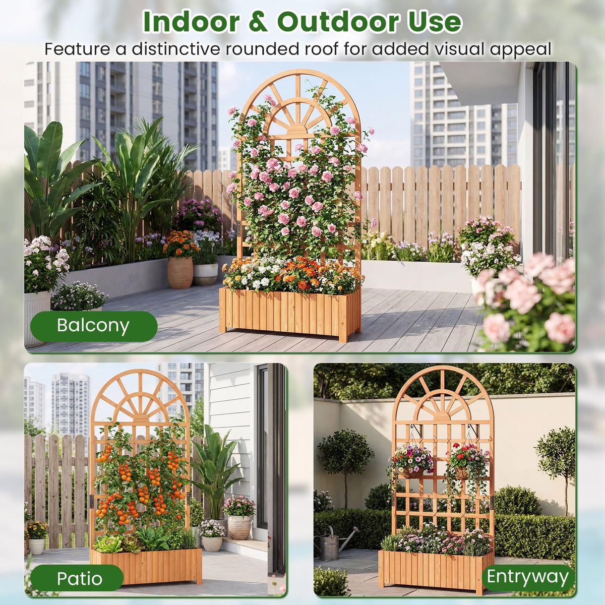 Lucktree Wooden Raised Garden Bed with Trellis 71" Outdoor Planter Box Privacy Screen