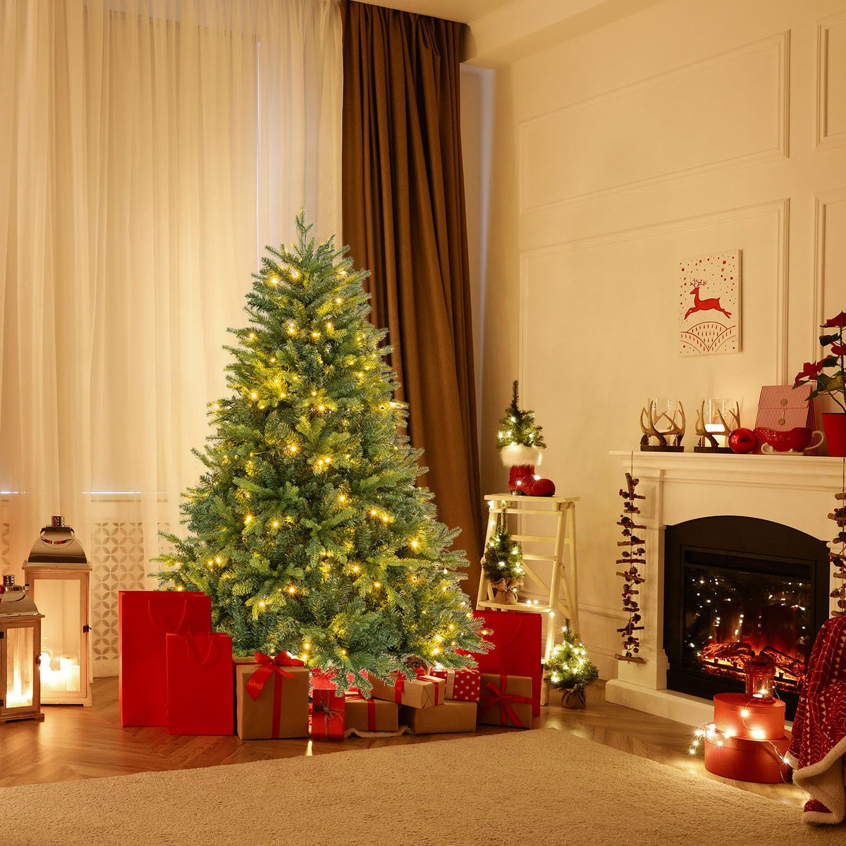Lucktree Pre-Lit Artificial Christmas Tree, Hinged Xmas Tree with Warm-White & Multi-Color LED Lights