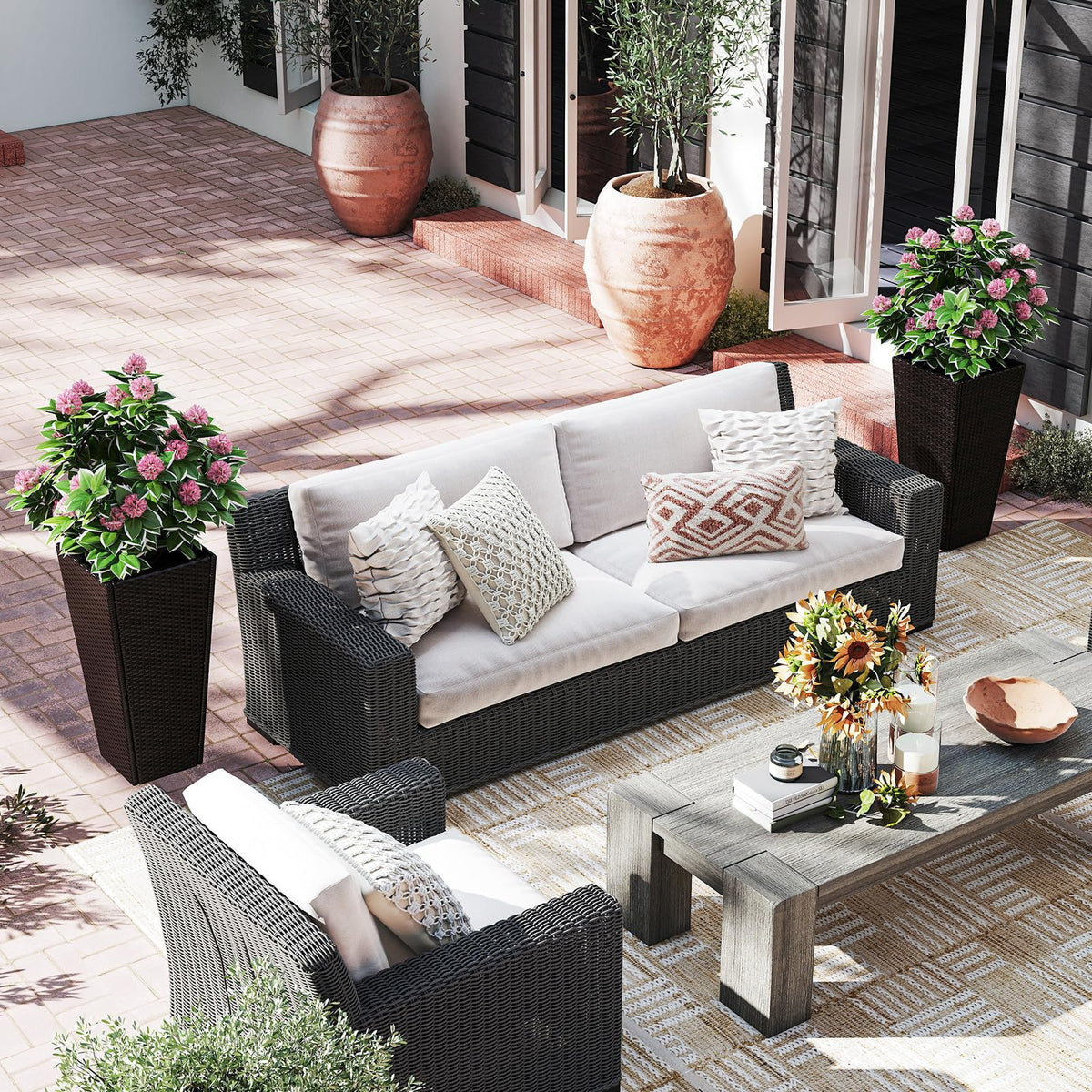 Lucktree Set of 2 Outdoor Wicker Flower Pot 30 Inch Tall Planters with Drainage System PE Rattan Flower Pots