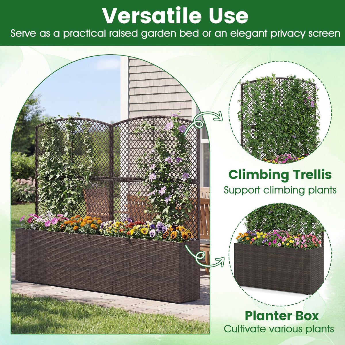 Lucktree Raised Garden Bed with Trellis | 58'' Tall PE Rattan Planter Box w/Liner & Drainage