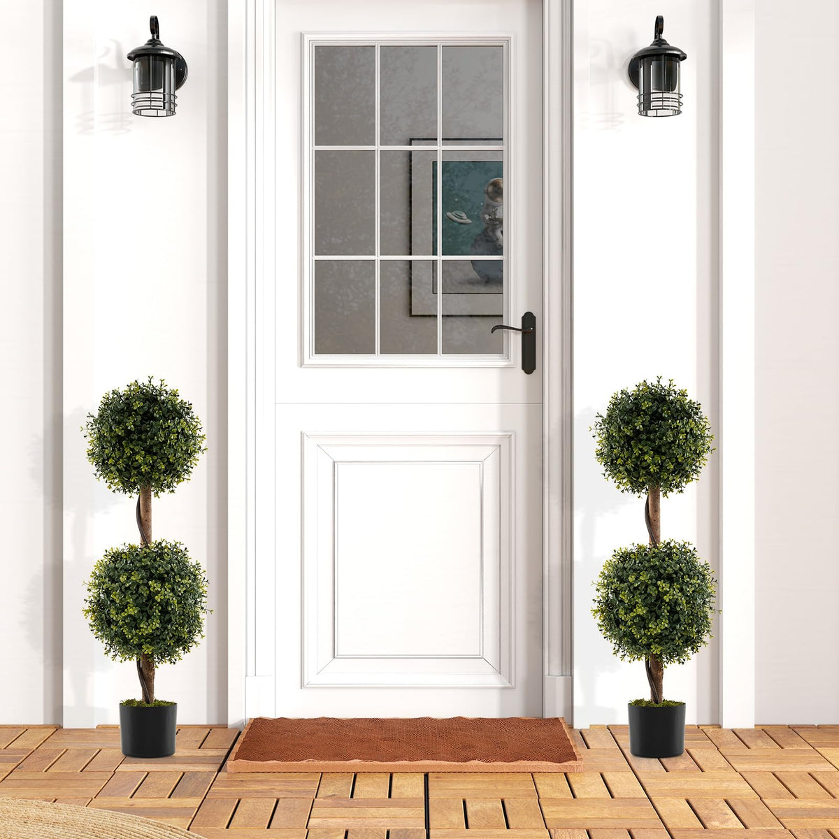 Lucktree 3 FT Artificial Boxwood Topiary Trees Set of 2 Faux Outdoor Topiary Ball Tree with Cement-Filled Pot
