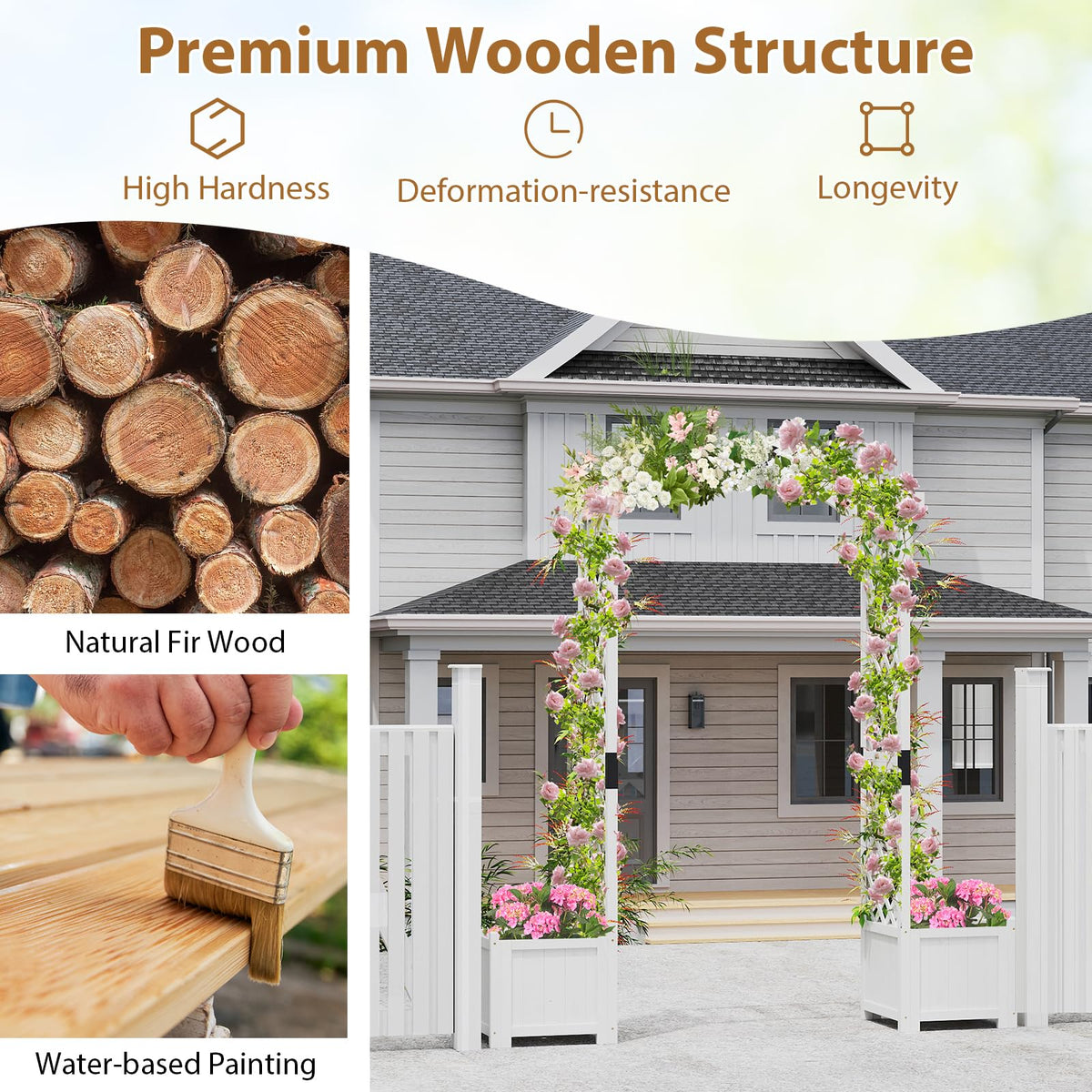 Lucktree Garden Arbor with Planter, Wooden Planter Arch with Trellis, Outdoor Arch for Climbing Plants