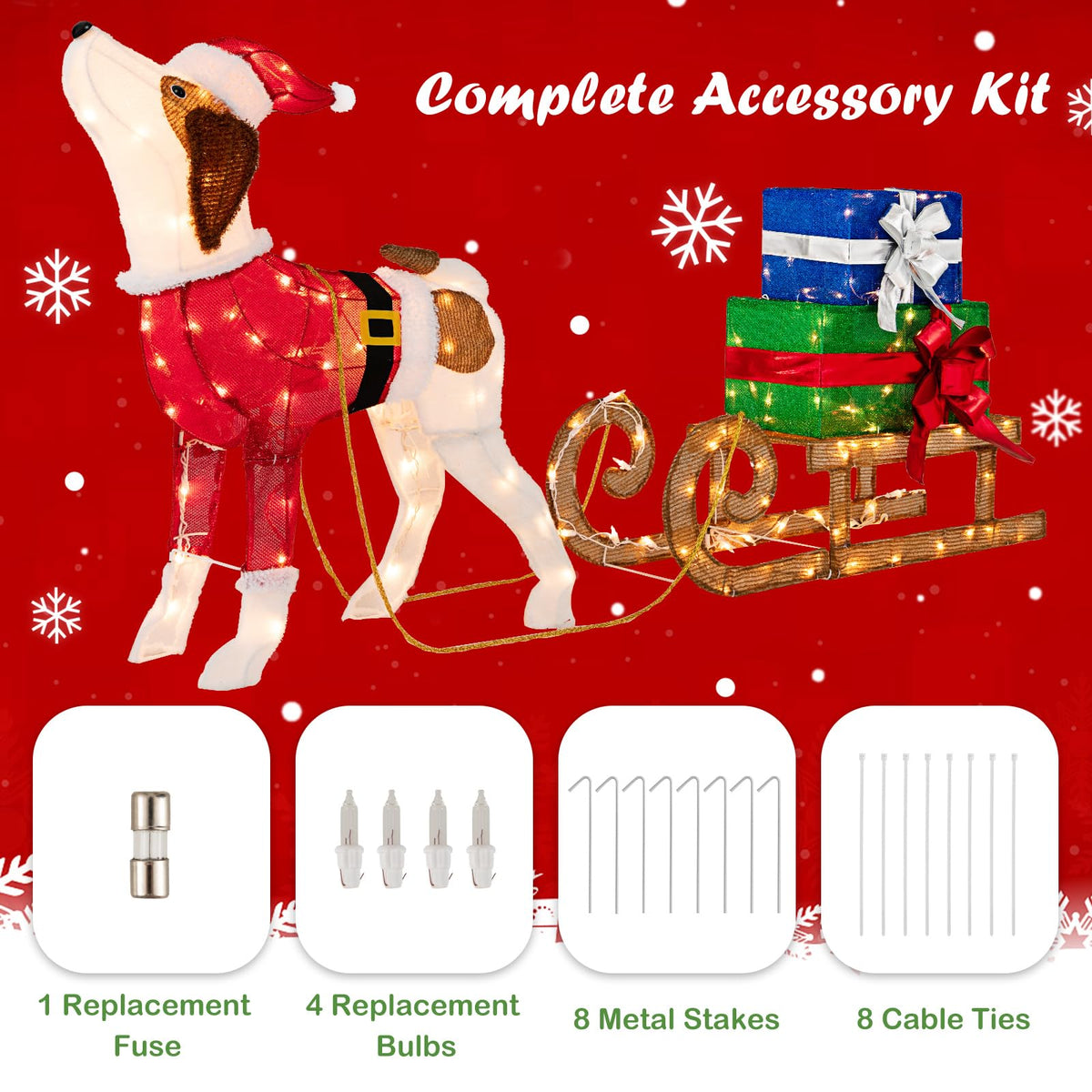 Lucktree Lighted Christmas Dog with Sleigh & Gift Boxes Combo Decorations