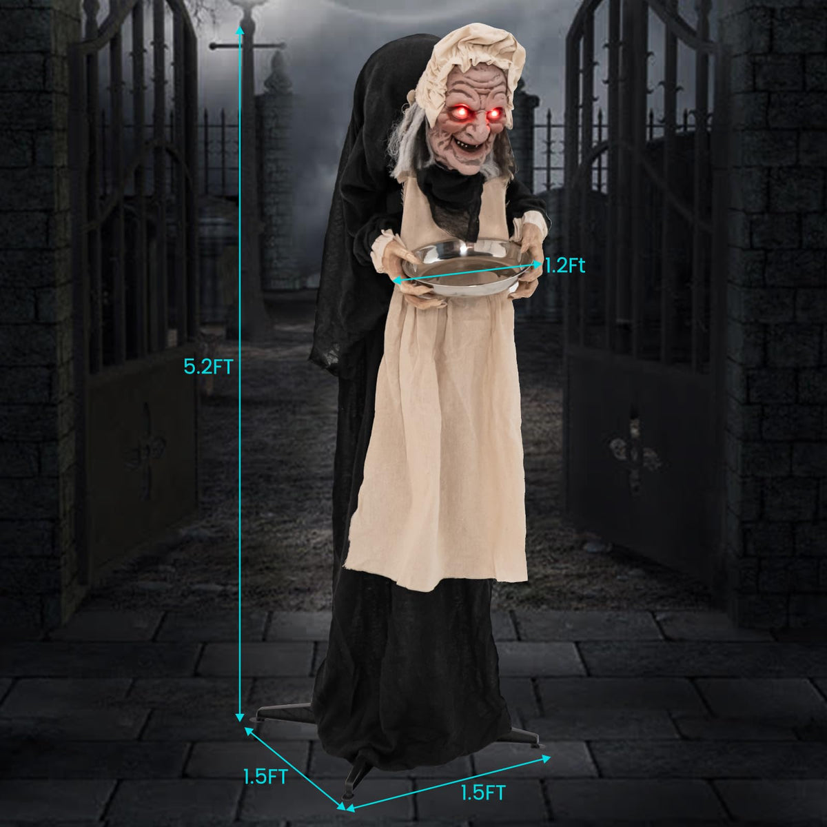Lucktree 5.2FT Halloween Animated Standing Greeter Old Lady with Candy Dish