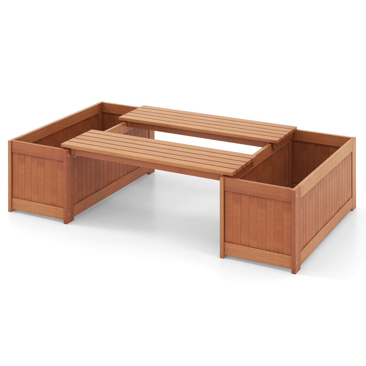 Lucktree 2-in-1 Outdoor Bench, Wood Raised Garden Bed with Open Base, Teak Oil Finish