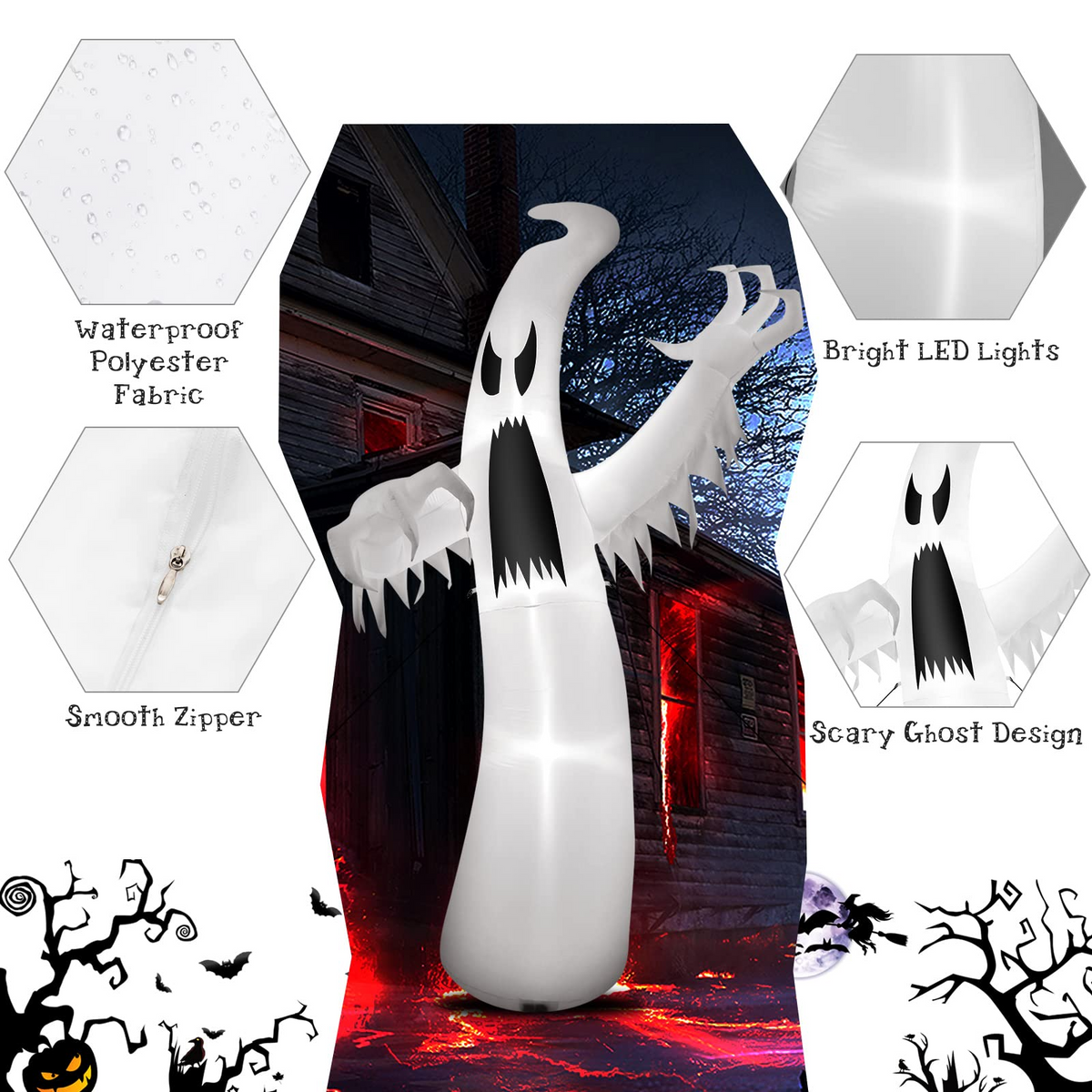 Lucktree 12 FT Halloween Inflatable Ghost, Quick Blow up Halloween Decoration, Giant Inflatable Specter with Bright LED Lights