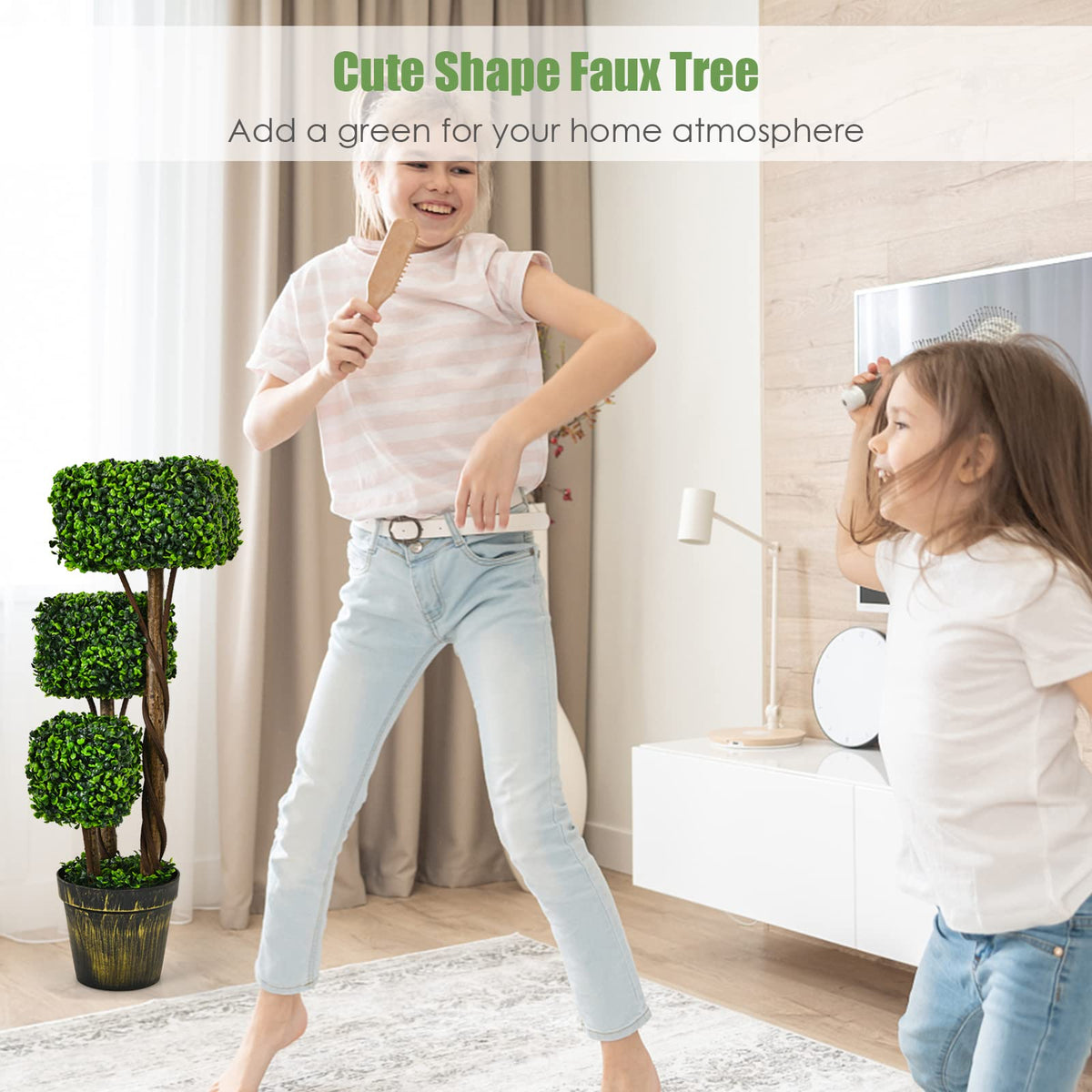 36' Artificial Triple Square Shaped Boxwood Topiary Tree W/ Cement-Filled Plastic Pot - LucktreeUS