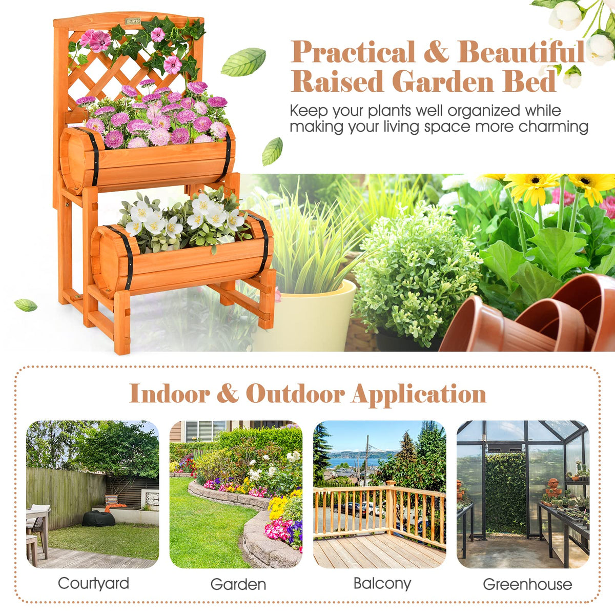 Lucktree Raised Garden Bed with 2 Barrel Planters & Trellis, 2-Tier Freestanding Wooden Raised Bed for Vegetable Flower Fruit