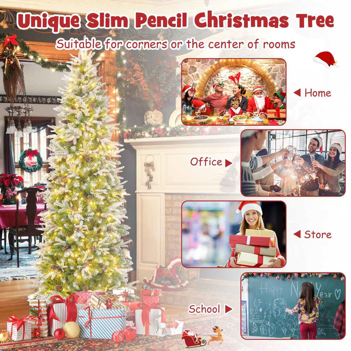 Lucktree 7.5 FT Pre-Lit Pencil Christmas Tree, Artificial Snow Flocked Hinged Fake Slim Xmas Tree with 350 Warm-White LED Lights