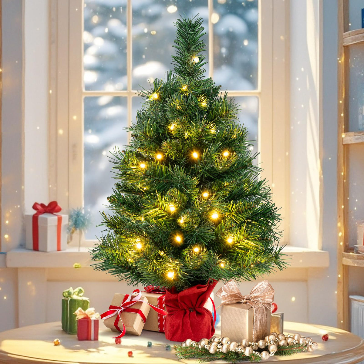 Lucktree Tabletop Battery Operated Small Fir Xmas Tree with Warm White LED Lights